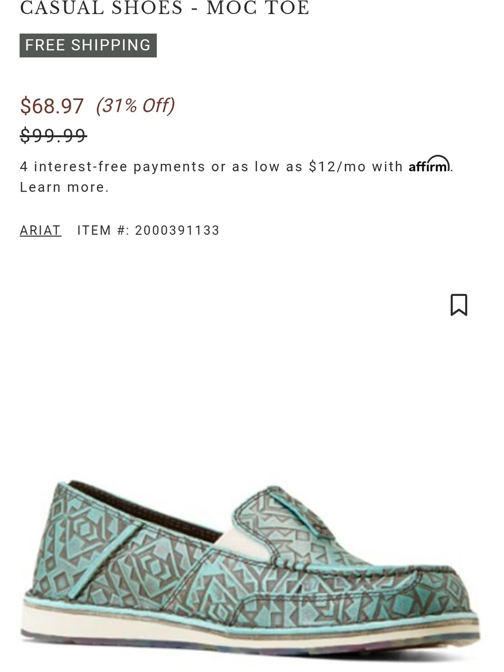 Ariat Teal Geometric Slip-On Moccasin Size 6.5